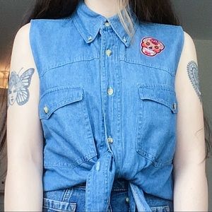 Reworked Vintage Sleeveless Denim Button Down Iron On Skull Patch